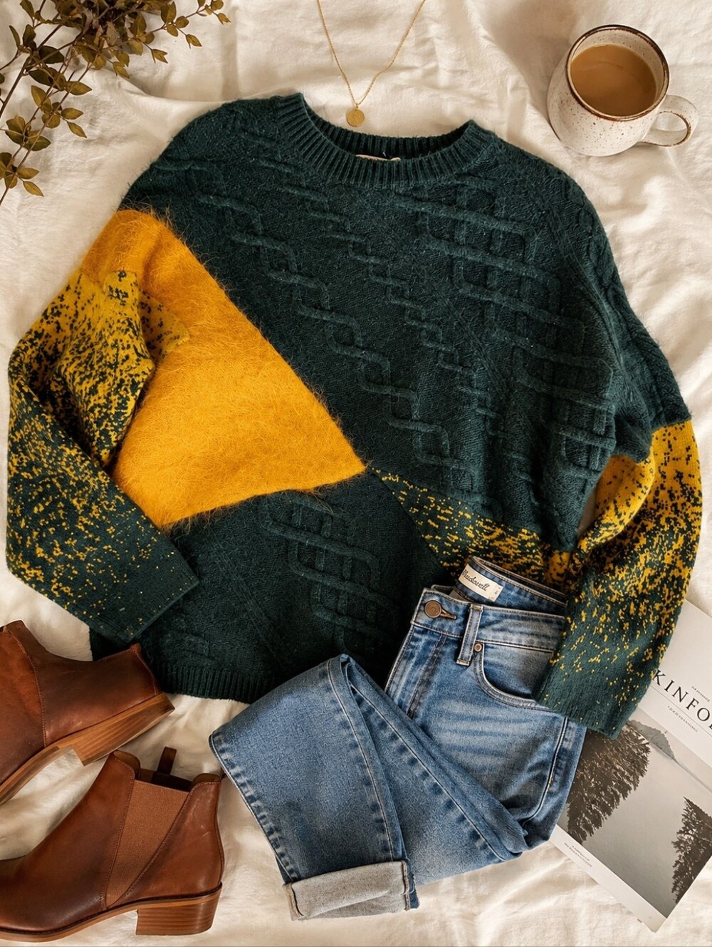 Cashmere Chunky Knit Colorblock Sweater Green Mustard Textured Cozy Pullover